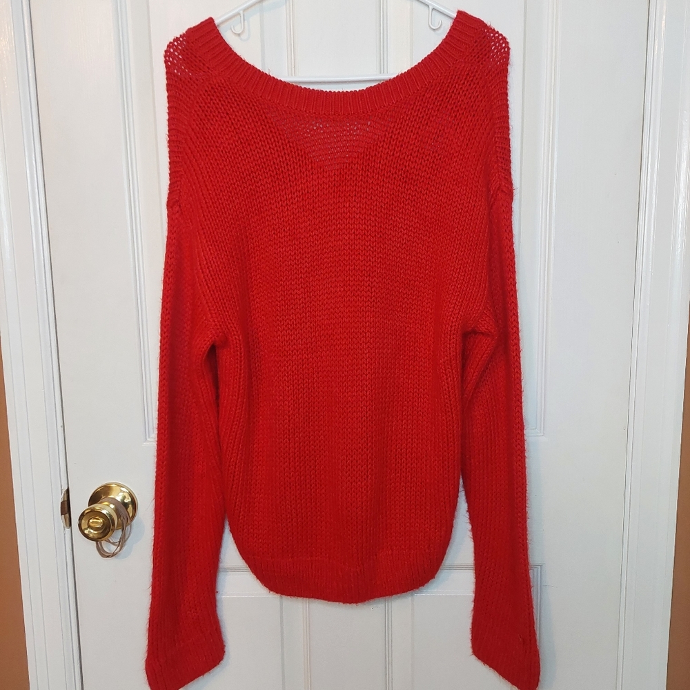 Pink Victoria's Secret Red Chunky Knit Deep V Open Back Sweater Womens Size S